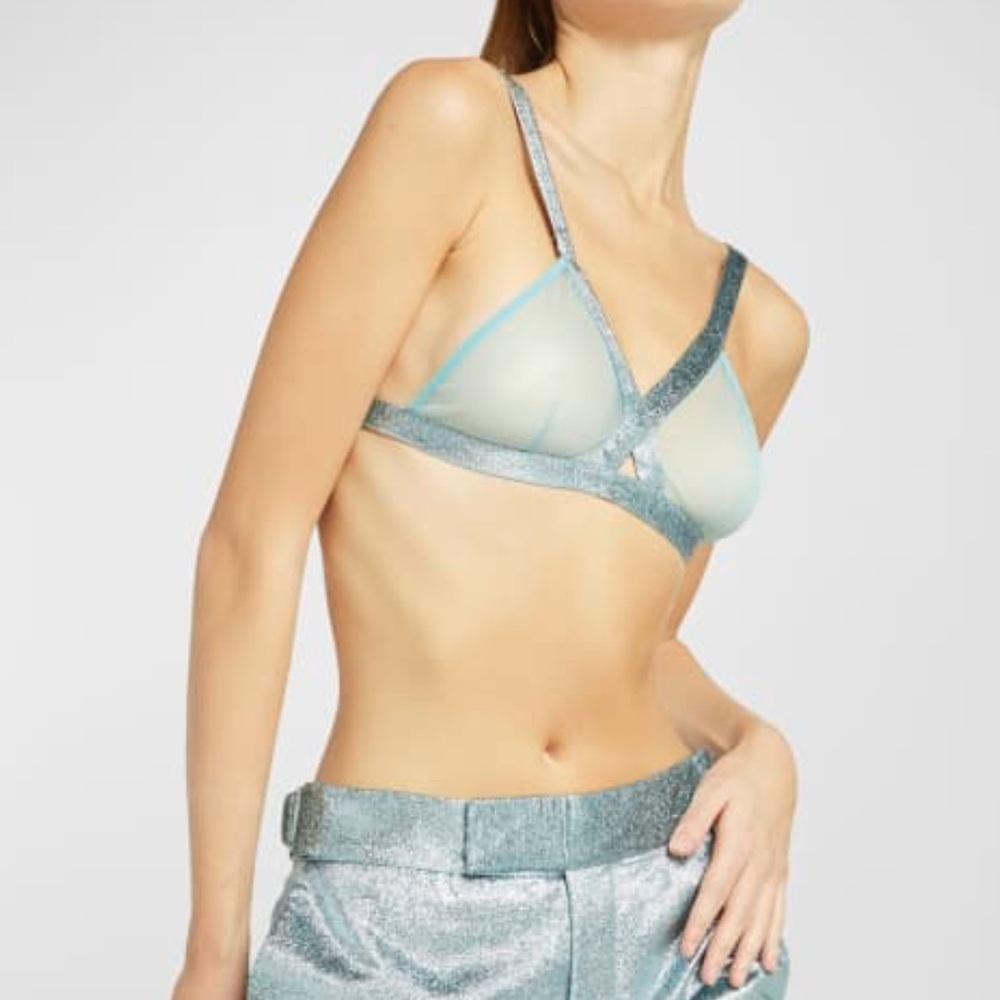 Tom Ford Sheer Light Blue Triangle Bralette with Metallic Trim